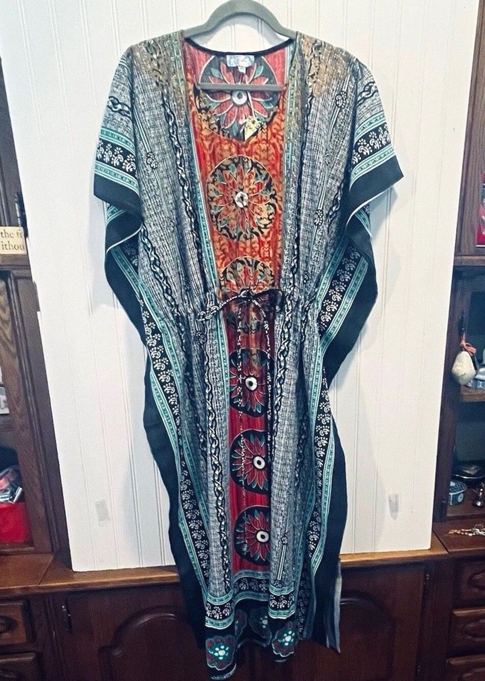 J. Gee Women's Boho Caftan Beach Dress Long V-Neck Kimono Style Cotton OS NWT